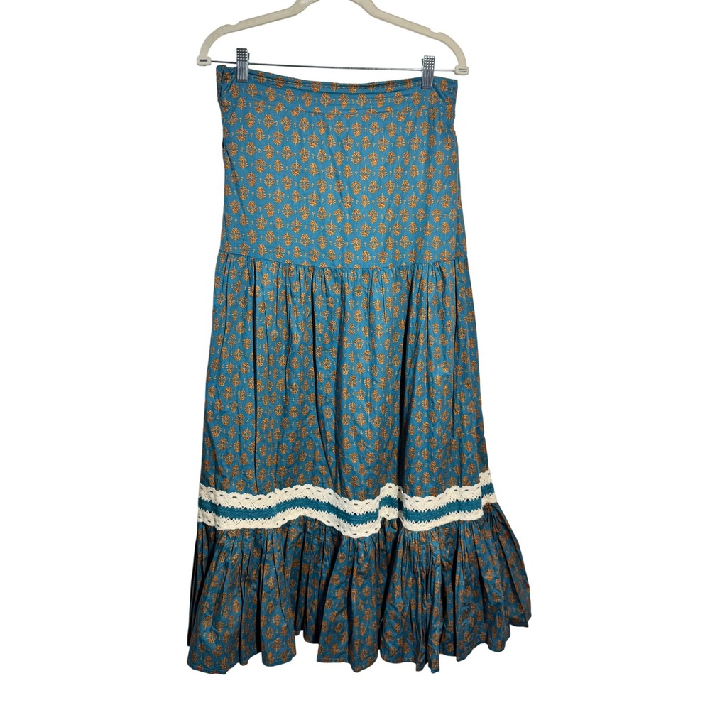 Vintage Teal Floral Block Print Tiered Maxi Skirt Crochet Lace Trim Boho Festi